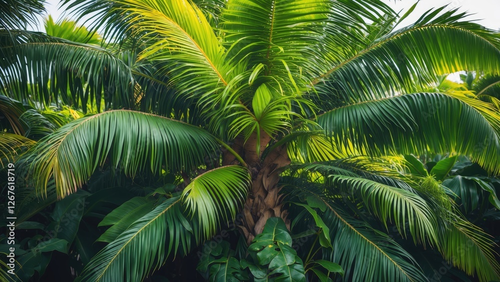 Fototapeta premium Lush Green Tropical Palm Trees Foliage in a Vibrant Natural Setting for Relaxation and Tropical Vibe