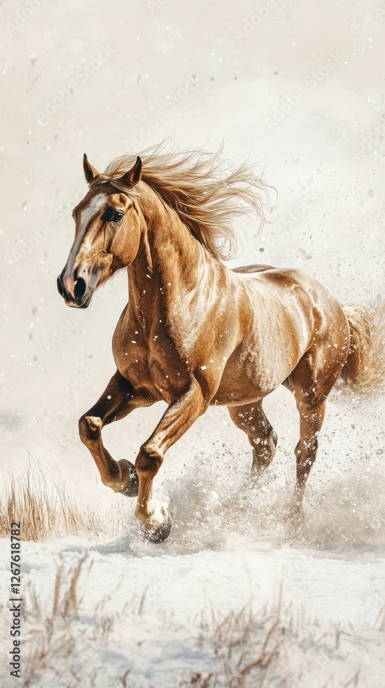 Majestic horse gallops through soft snow on a bright winter day in a serene landscape Majestic horse gallops through soft snow on a bright winter day in a serene landscape