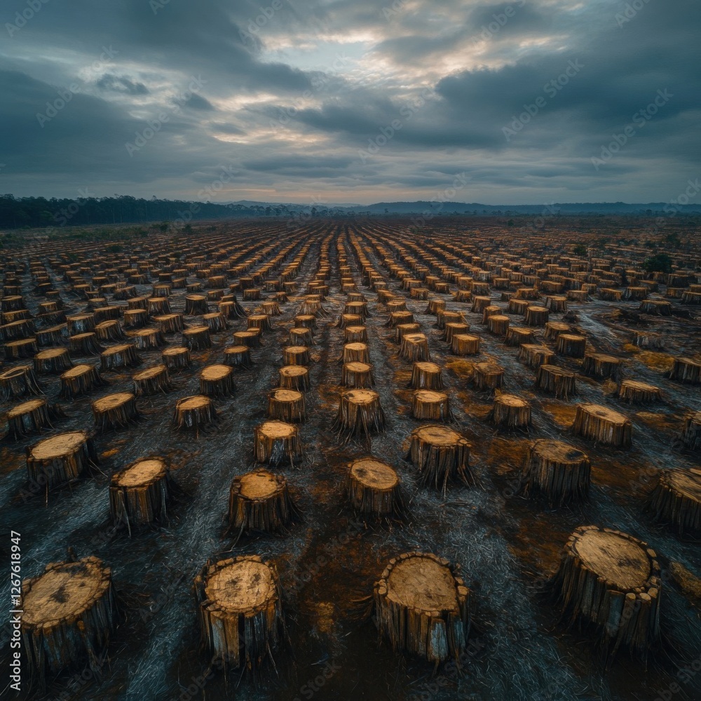 Fototapeta premium Deforestation Landscape with Clear-Cut Tree Stumps Under Cloudy Sky
