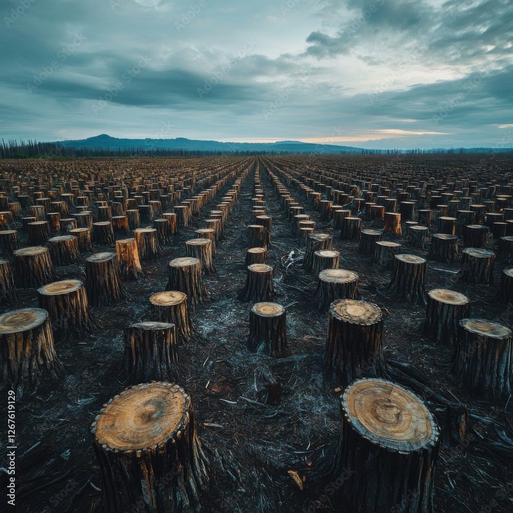 Obraz premium Deforested Landscape with Tree Stumps Under a Cloudy Sky