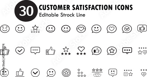 Customer feedback icon line art style vector set for web. Satisfaction review linear icons. Containing customer experience, review, client satisfaction, rating, like, dislike. Editable stroke.