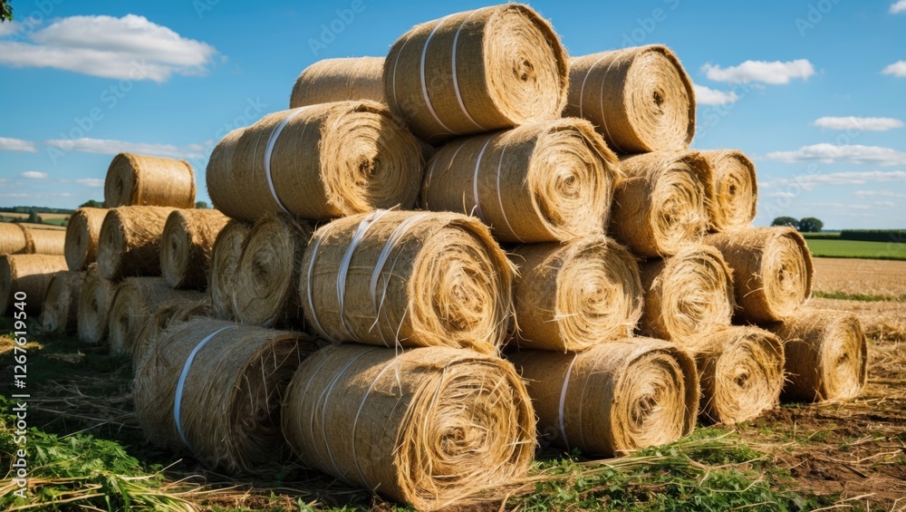 Hay bales stacked in a sunny countryside field with a clear blue sky and open space for text or graphics. Ideal for agricultural concepts. Hay bales stacked in a sunny countryside field with a clear blue sky and open space for text or graphics. Ideal for agricultural concepts.