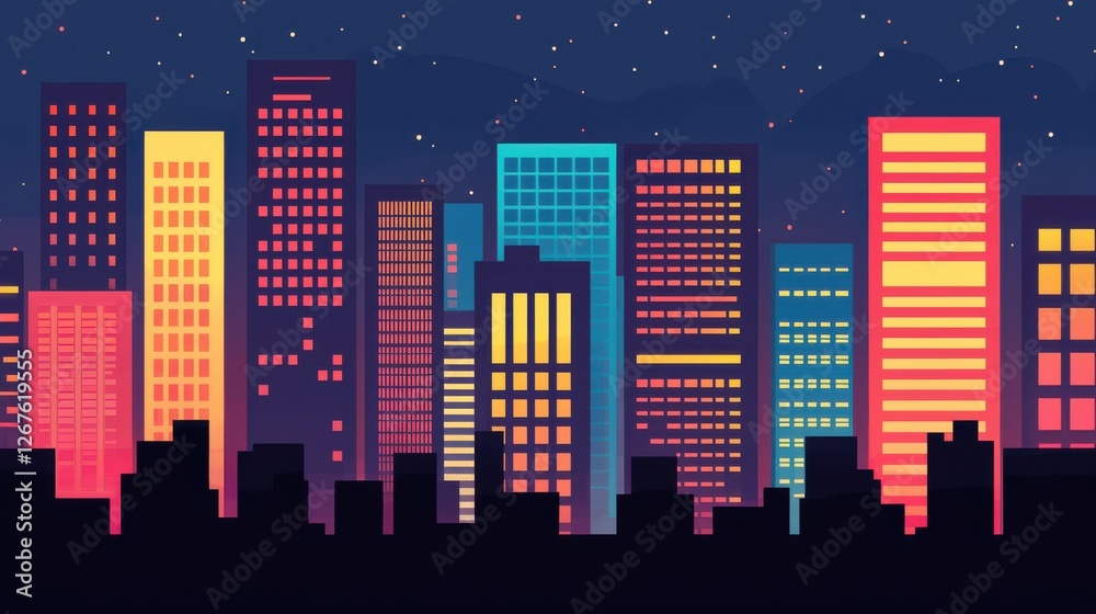 Fototapeta premium A vibrant city skyline at night, showcasing colorful, illuminated buildings against a starry backdrop.