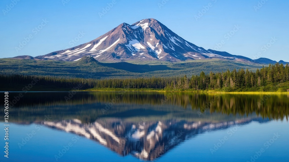 Majestic mountain reflected in serene lake, calm forest background; nature postcard Majestic mountain reflected in serene lake, calm forest background; nature postcard