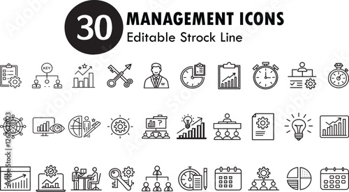 Management icon line art style vector set for web. Proper management project linear icons. Containing, business projects, planning, project, management, marketing, teamwork, startup. Editable stroke.