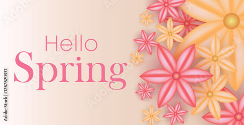 Hello spring web banner greeting card background. Spring season background with colorful flowers and modern trendy design. Spring text with bloom flowers for holiday season celebration template
