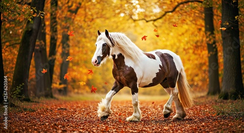A Stunning Gypsy Vanner Horse Trotting Through an Autumn Forest, Its Thick, Flowing Mane and Feathered Hooves Catching the Golden Sunlight