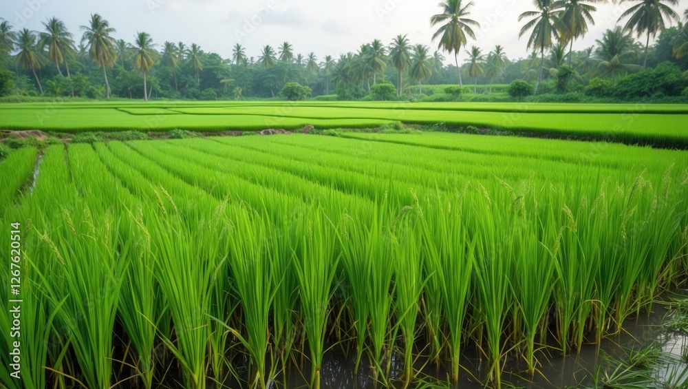 Obraz premium Lush Green Rice Field Landscape with Abundant Vegetation and Open Space for Text and Design Elements