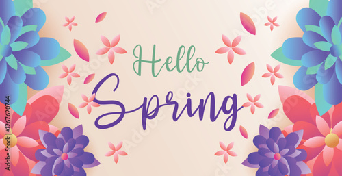 Hello spring web banner greeting card background. Spring season background with colorful flowers and modern trendy design. Spring text with bloom flowers for holiday season celebration template