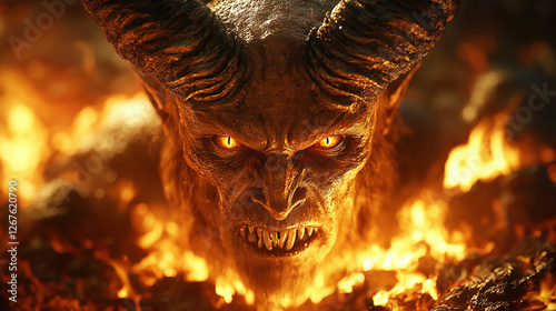 Demonic creature with sharp fangs and glowing eyes emerging from inferno, depicting supernatural horror and dark fantasy atmosphere