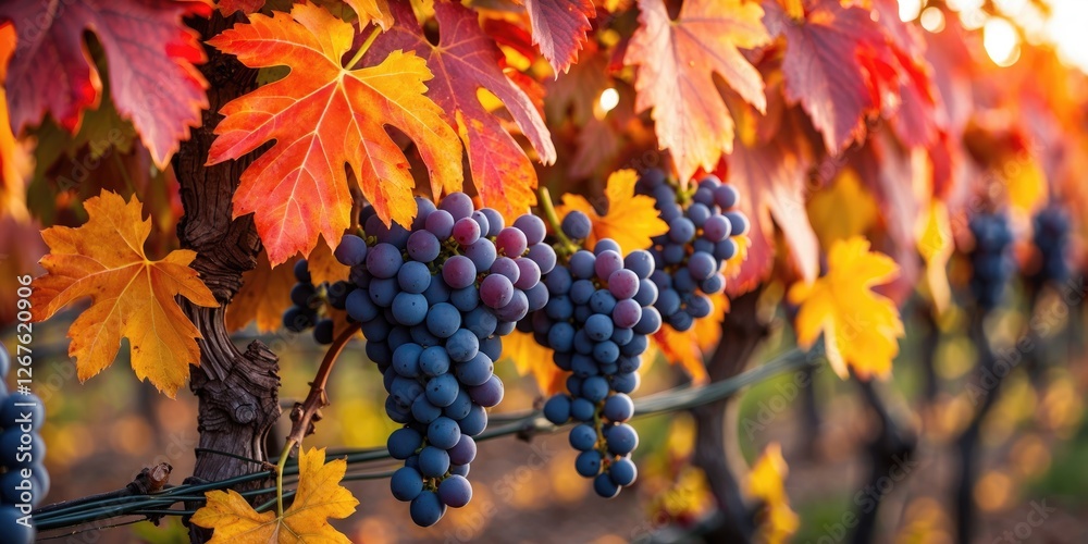 Autumn Vineyard Scene with Vibrant Red Orange Yellow Leaves and Clusters of Ripening Grapes in Warm Sunset Light Ideal for Winemaking Themes Autumn Vineyard Scene with Vibrant Red Orange Yellow Leaves and Clusters of Ripening Grapes in Warm Sunset Light Ideal for Winemaking Themes