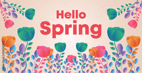 Hello spring web banner greeting card background. Spring season background with colorful flowers and modern trendy design. Spring text with bloom flowers for holiday season celebration template