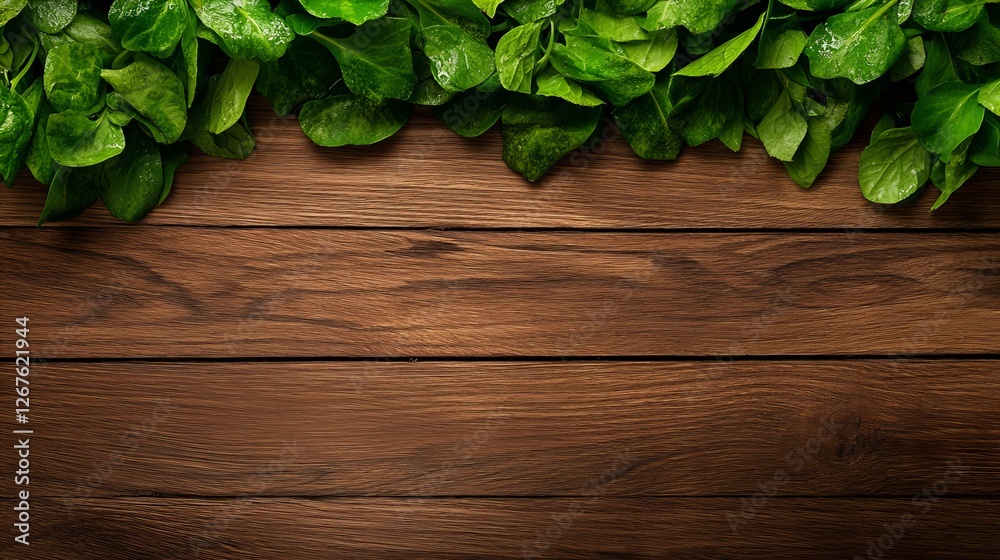 Vibrant green leaves atop a rich, dark brown wooden surface. A natural, earthy scene. Vibrant green leaves atop a rich, dark brown wooden surface. A natural, earthy scene.
