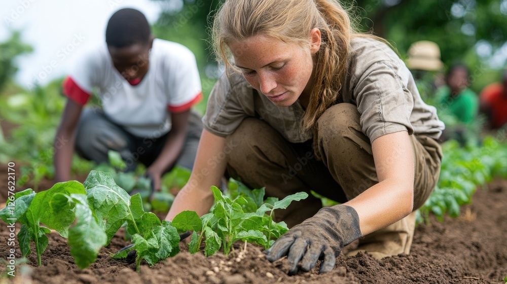 Young woman planting seedlings, others working, rural farm, community gardening Young woman planting seedlings, others working, rural farm, community gardening
