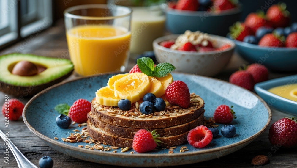 Nutritious Breakfast Spread with Whole Grain Toast Fresh Fruits and Juices on a Wooden Table in a Welcoming Kitchen Setting Nutritious Breakfast Spread with Whole Grain Toast Fresh Fruits and Juices on a Wooden Table in a Welcoming Kitchen Setting