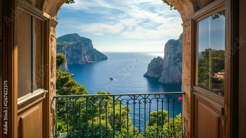 Luxurious villa nestled along the breathtaking Amalfi Coast of Italy, with panoramic views of the sparkling Mediterranean Sea and cliffside terraces 