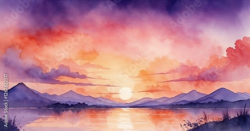Beautiful watercolor sunset landscape with purple and orange hues reflecting on calm lake water