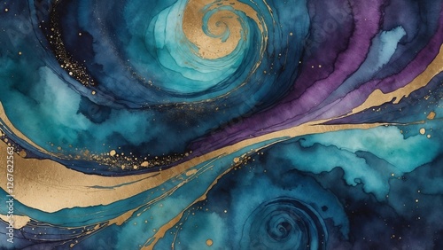 Elegant abstract watercolor artwork featuring swirling shapes in turquoise, purple, and gold accents
