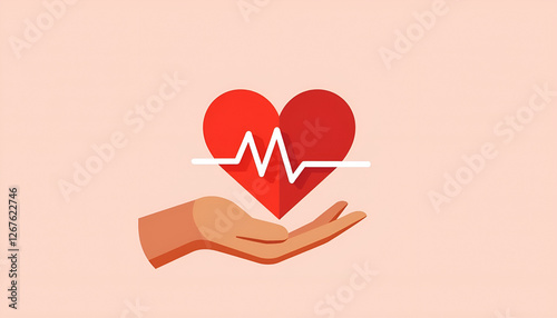Stylized graphic of a hand holding a heart with a heartbeat line symbolizing health and care