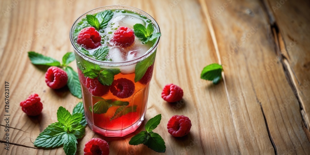 Refreshing Iced Tea with Raspberries and Mint on Rustic Wooden Table with Space for Custom Text or Branding Refreshing Iced Tea with Raspberries and Mint on Rustic Wooden Table with Space for Custom Text or Branding