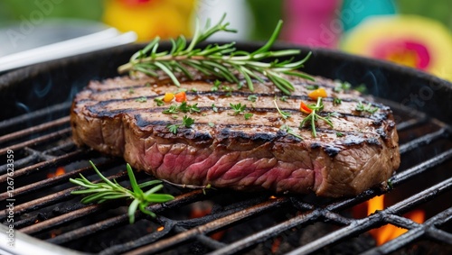Grilled Tenderloin Steak with Fresh Herbs on Barbecue Grill Summer Cooking Scene