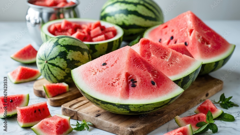 Fresh Watermelon Slices and Cubes on Wooden Board Ideal for Summer Cocktails and Refreshing Beverages Fresh Watermelon Slices and Cubes on Wooden Board Ideal for Summer Cocktails and Refreshing Beverages