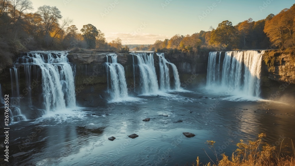 Fototapeta premium Majestic Four Falls Waterfall in Long Exposure Captured on a Bright Morning with Tranquil Water Flow and Ample Space for Text Overlay