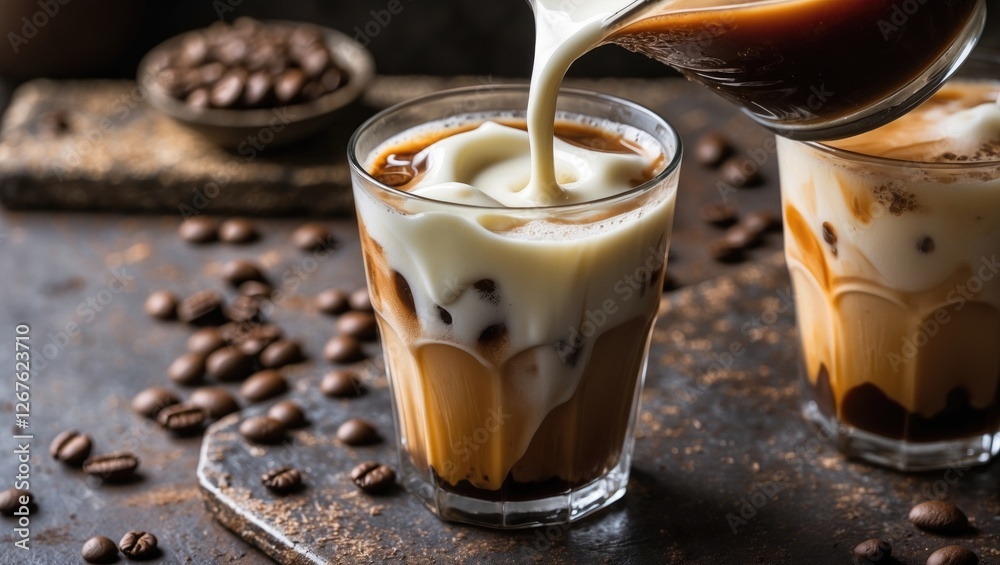Iced coffee with cream being poured into a glass on a rustic table showcasing the drink's texture and refreshing appearance. Iced coffee with cream being poured into a glass on a rustic table showcasing the drink's texture and refreshing appearance.