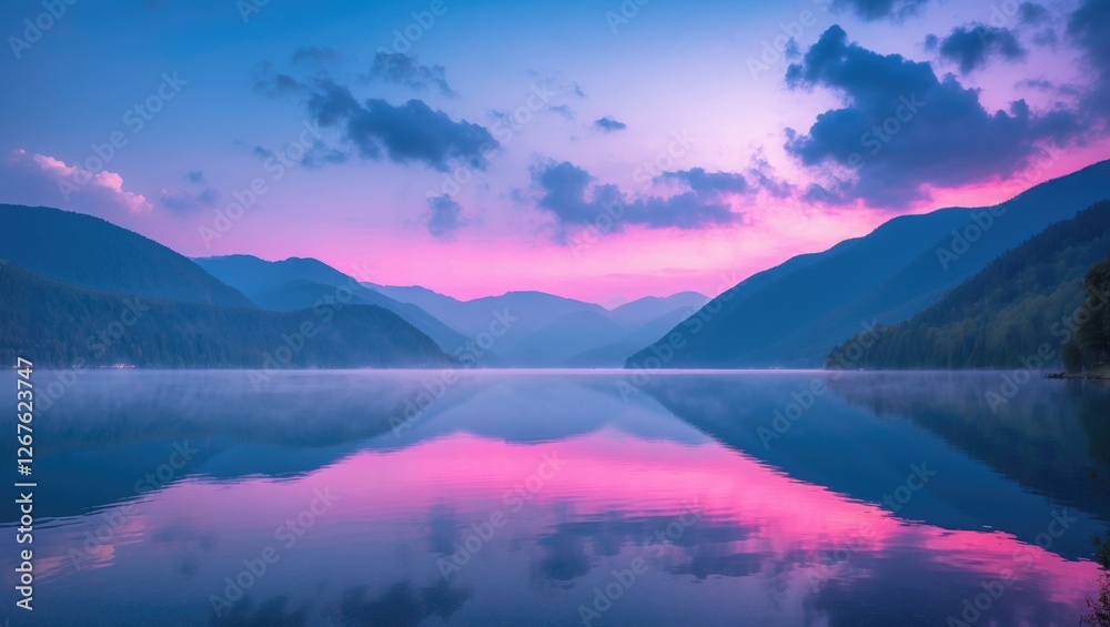 Obraz premium Twilight over tranquil mountain lake with vivid pink and purple reflections, soft clouds in the sky creating a serene and picturesque landscape.