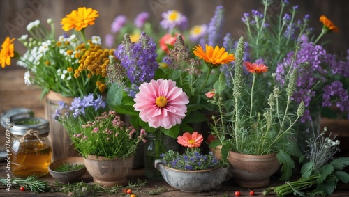 Vibrant Collection of Summer Herbs and Colorful Flowers in Rustic Pots on Wooden Table with Honey Jar