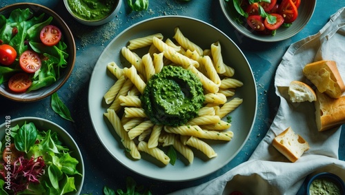 Delicious Italian lunch featuring trofie pasta with pesto and fresh salad, top view with ample copy space for text and branding.