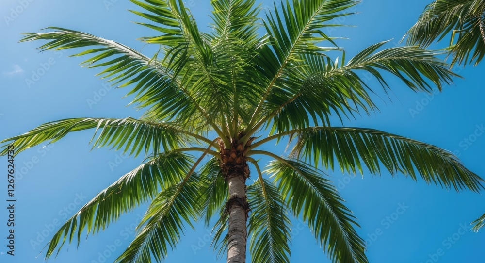 Palm Tree Foliage Reaching Skyward with Vibrant Green Leaves Against a Bright Blue Background in Tropical Landscape Palm Tree Foliage Reaching Skyward with Vibrant Green Leaves Against a Bright Blue Background in Tropical Landscape