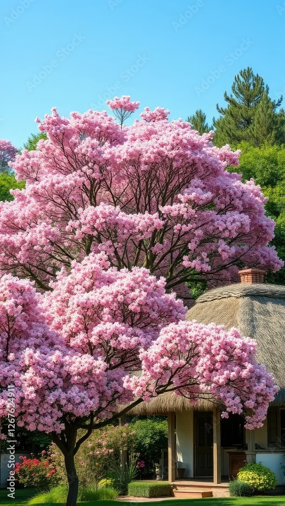 Pink flower-covered trees and a thatched roof cottage in the foreground, forest, , scenery Pink flower-covered trees and a thatched roof cottage in the foreground, forest, , scenery
