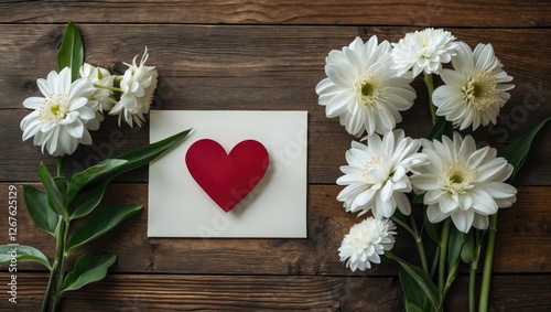 Delicate white flowers arranged with a red heart and blank card on a rustic wooden table for romantic or heartfelt occasions. photo