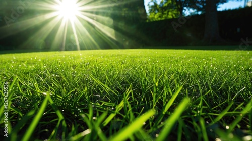 Sunlit green lawn with dewdrops in close-up view, showcasing vibrant grass blades illuminated by radiant sunlight beams.