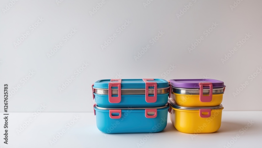 Modern Tiffin Lunch Box Set with Vibrant Colors on Minimalist White Background Modern Tiffin Lunch Box Set with Vibrant Colors on Minimalist White Background