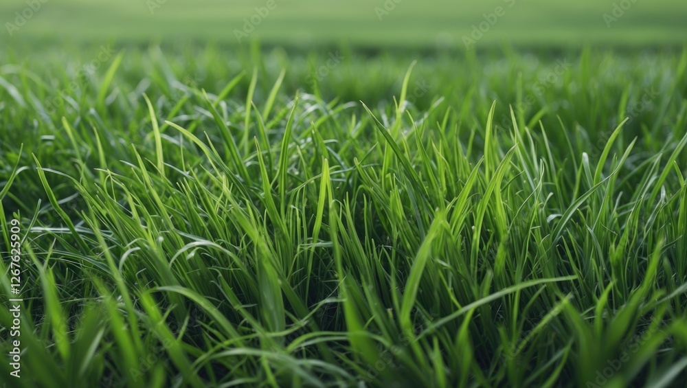 Obraz premium Vibrant close-up of lush green grass with detailed texture and soft natural lighting creating a serene outdoor atmosphere.