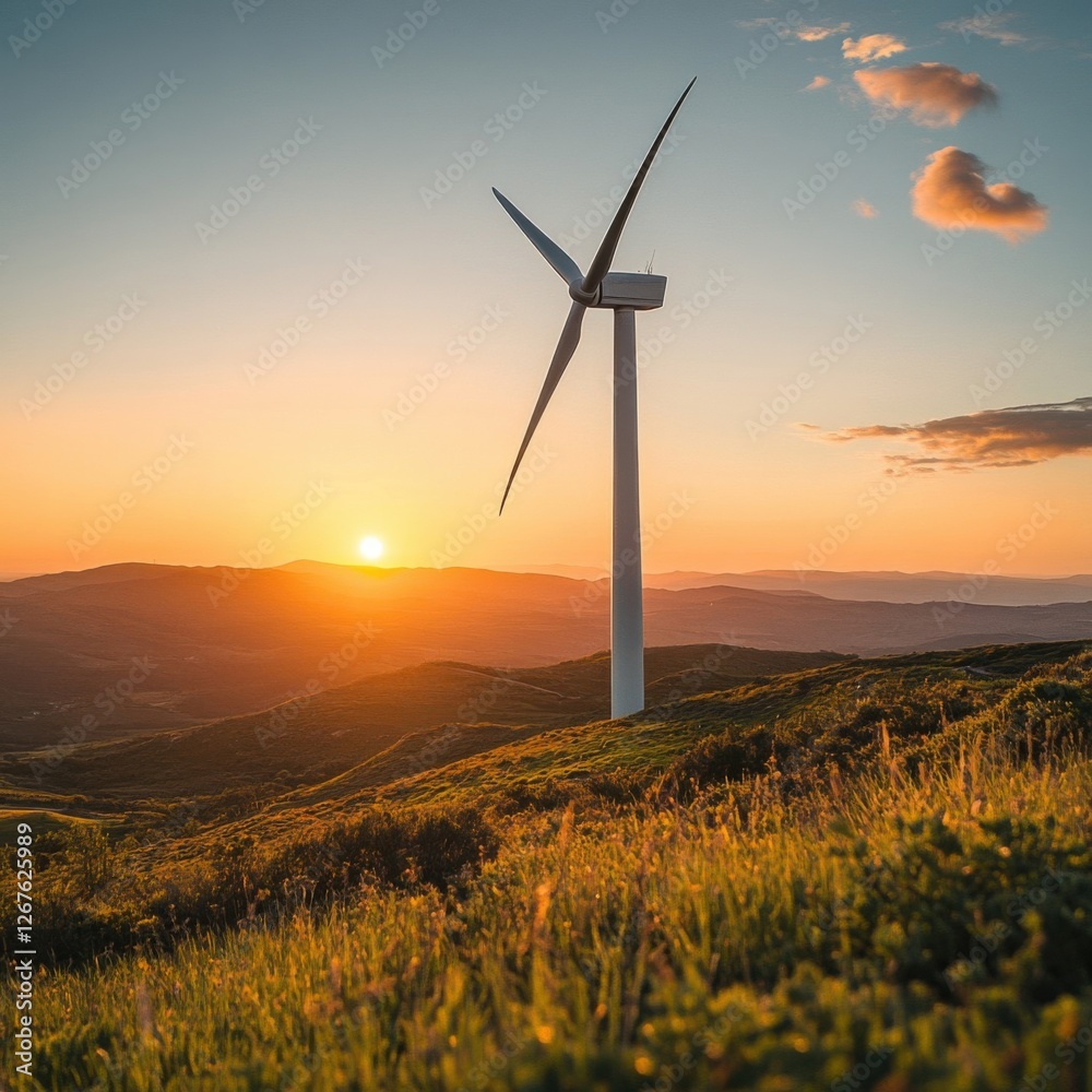 Obraz premium Sunset Over Rolling Hills with Wind Turbine in the Background