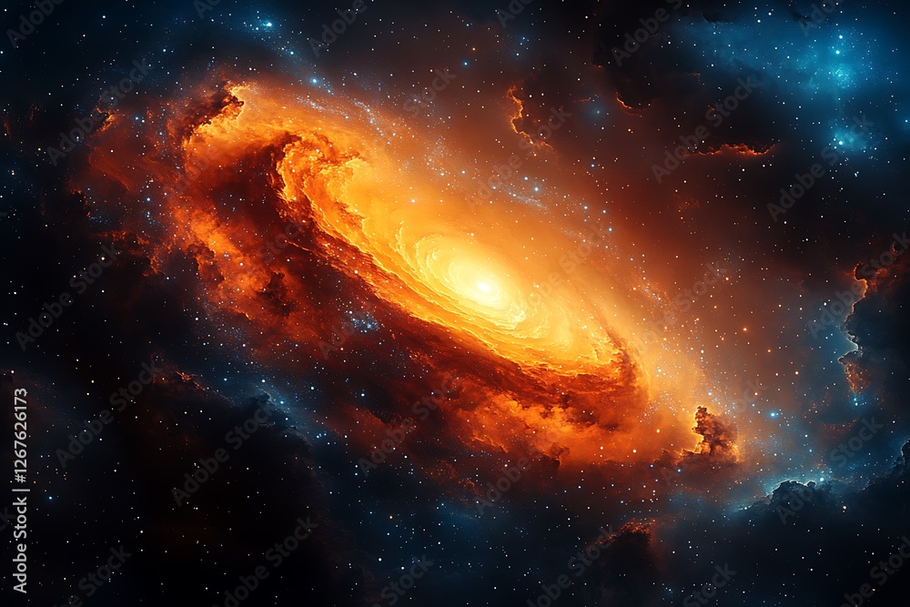 Fototapeta premium Stunning spiral galaxy illuminated by vibrant orange and yellow hues amidst deep space