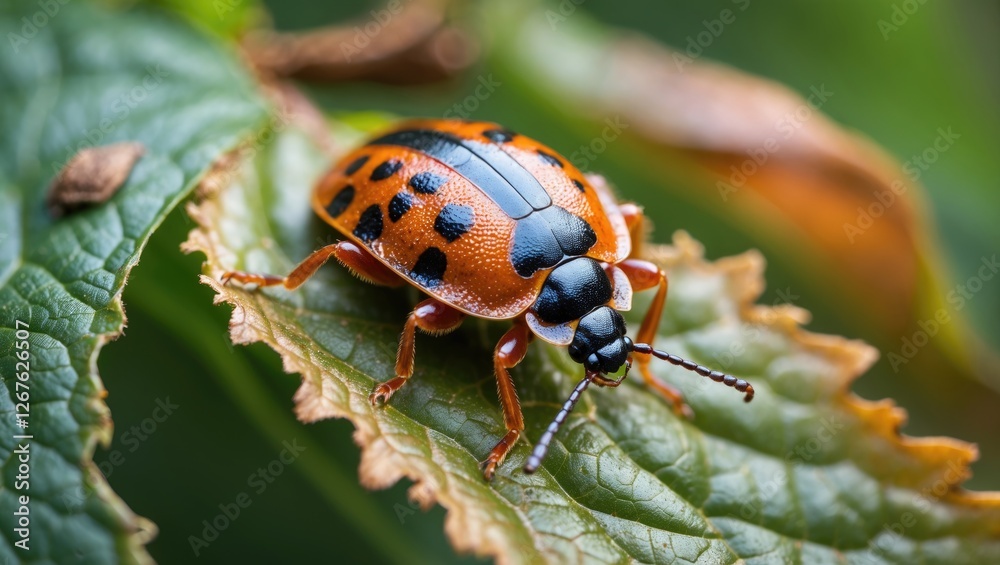 Fototapeta premium Vibrant Firebug Inhabitants On Leaf Close Up With Soft Focus Background For Text Space