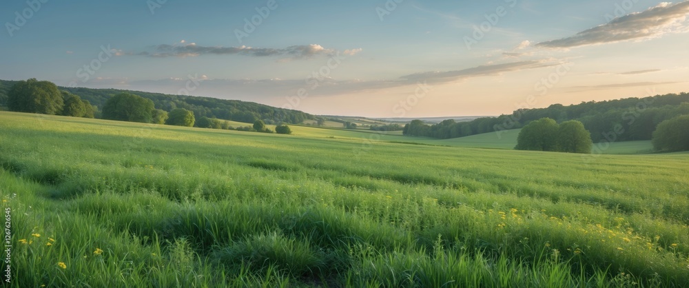 Obraz premium Serene Green Meadow Landscape with Lush Grassland and Clear Sky Ideal for Nature and Landscape Backgrounds