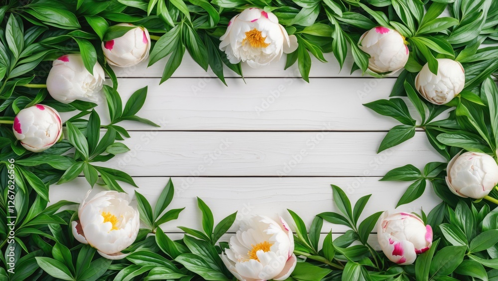 Obraz premium Peony Flowers and Green Leaves Frame on White Wooden Background Empty Space for Text or Creative Design