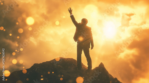 The businessman in a suit walked confidently up the mountain path, his hand holding the key to success, happy to reach the top. business, mountain, man, top, success, businessman, happy, path, hand