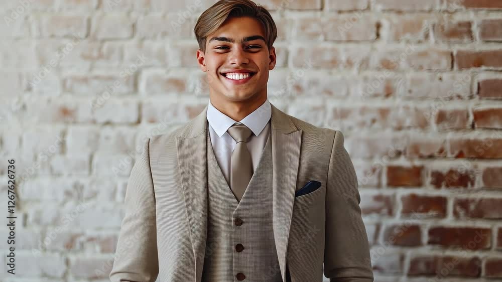An confident entrepreneur in a light-colored suit at a white-brick office An confident entrepreneur in a light-colored suit at a white-brick office