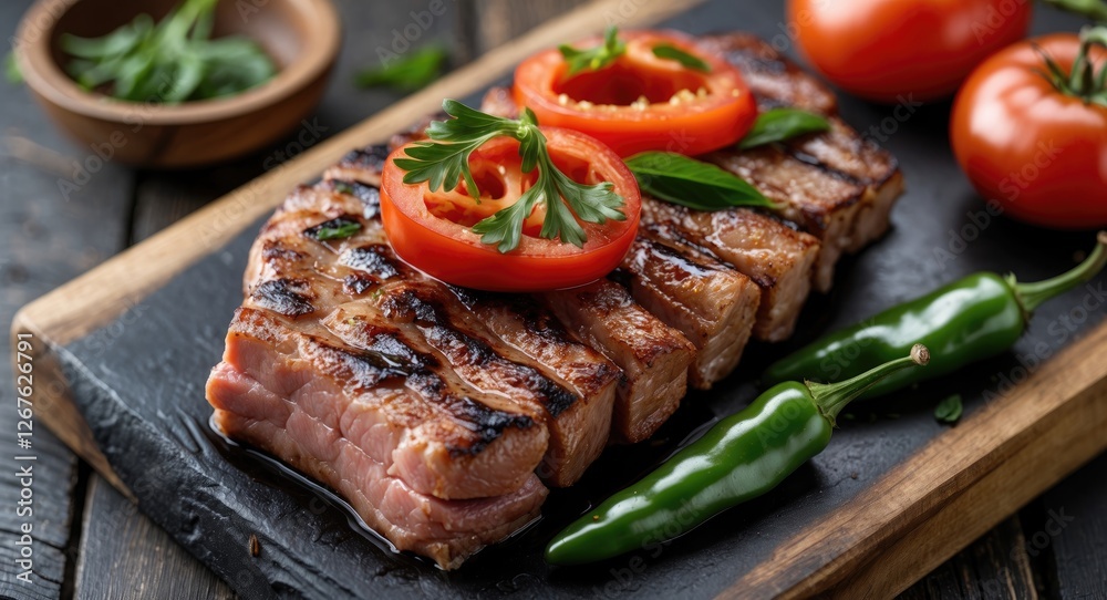 Grilled Pork Shaslik Served with Fresh Vegetables on Slate Board Ideal for Culinary Promotions and Recipe Presentations Grilled Pork Shaslik Served with Fresh Vegetables on Slate Board Ideal for Culinary Promotions and Recipe Presentations