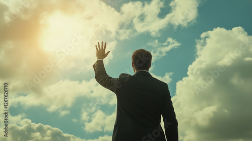 The businessman in a suit walked confidently up the mountain path, his hand holding the key to success, happy to reach the top. business, mountain, man, top, success, businessman, happy, path, hand