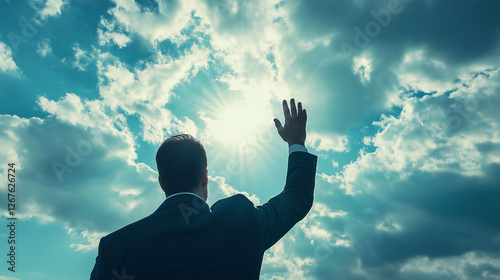 The businessman in a suit walked confidently up the mountain path, his hand holding the key to success, happy to reach the top. business, mountain, man, top, success, businessman, happy, path, hand