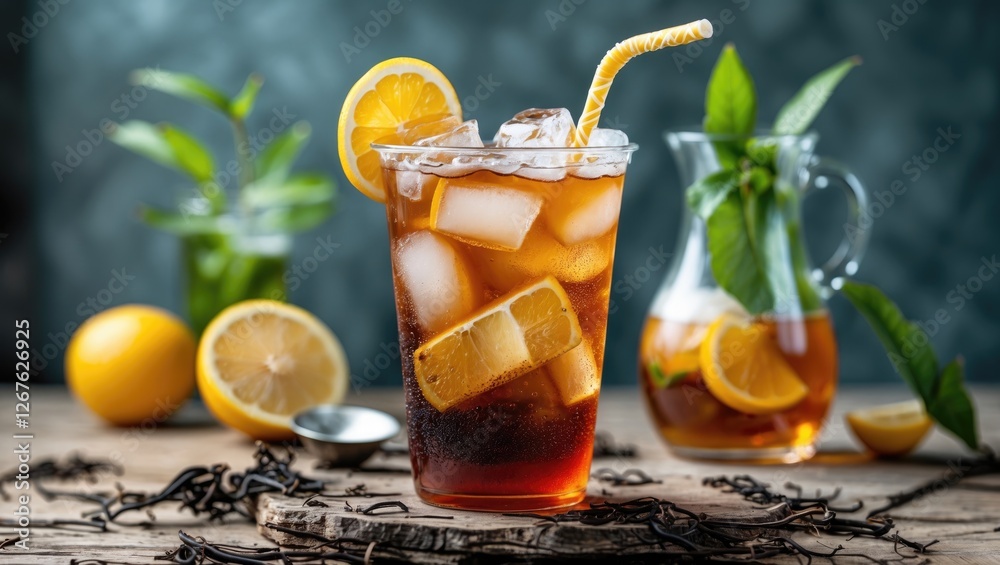 Fototapeta premium Refreshing Iced Tea in Plastic Glass with Lemon and Straw Surrounded by Ingredients and Garnishes on Rustic Table
