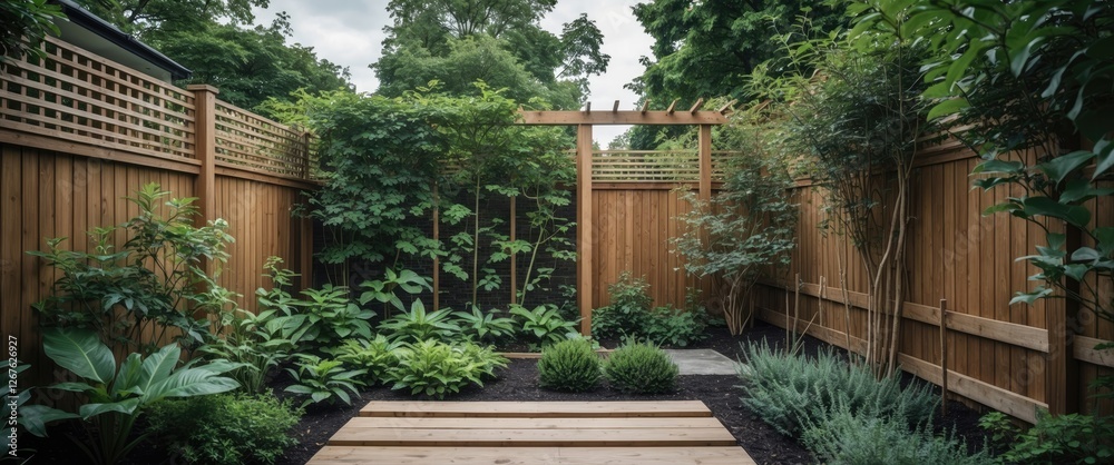 Fototapeta premium Tranquil garden retreat featuring lush greenery, wooden fencing, and a serene pathway, perfect for nature lovers and outdoor tranquility.