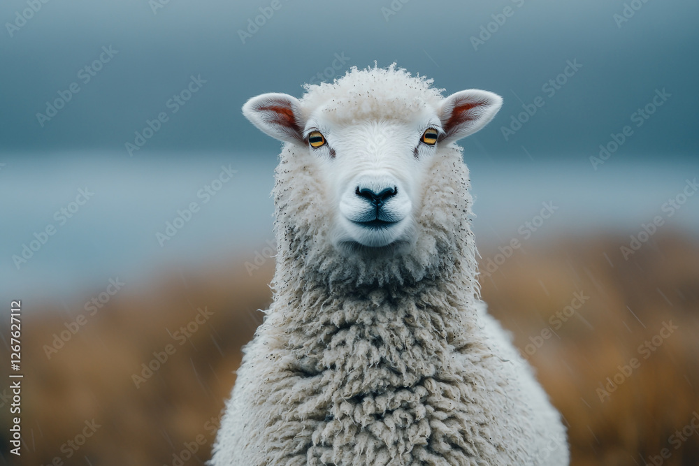 Portrait of a Sheep in the Rain with Captivating Yellow Eyes